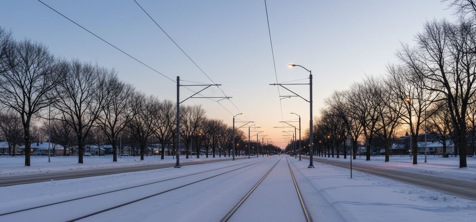 Snow-covered light rail tracks under overhead wires running between two lanes of a wide avenue lined with bare trees, street lamps lit at winter dusk