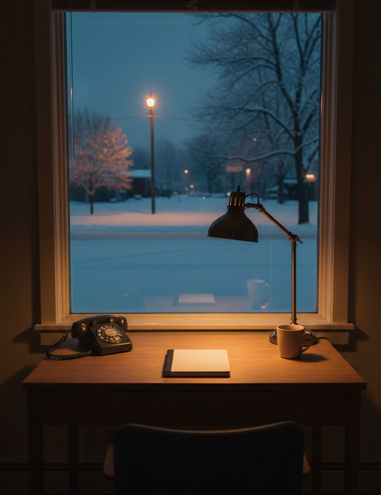 A wooden desk with a telephone, a closed notebook and a mug under a lamp, in front of a window onto a snowy street before sunrise