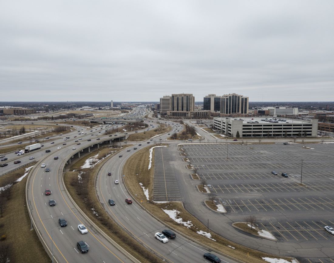 A freeway interchange curving past a large surface lot and a long parking garage, with mid-rise office buildings behind under a gray sky