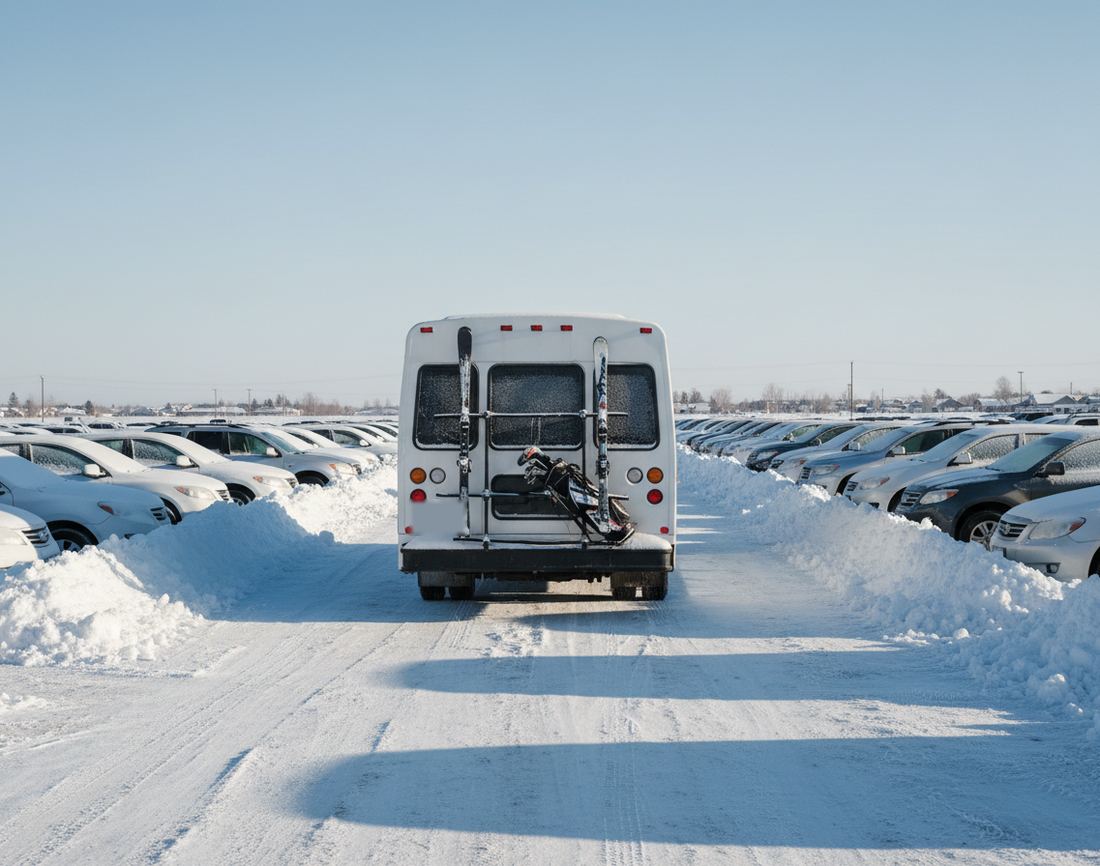 The back of a white shuttle bus carrying two pairs of skis and a golf bag on its rear rack, on a plowed aisle between parked cars
