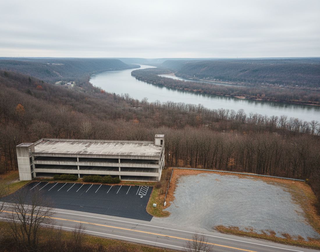 A concrete parking ramp and a paved lot on a wooded bluff above a wide river valley in late autumn, with a two-lane road passing in front