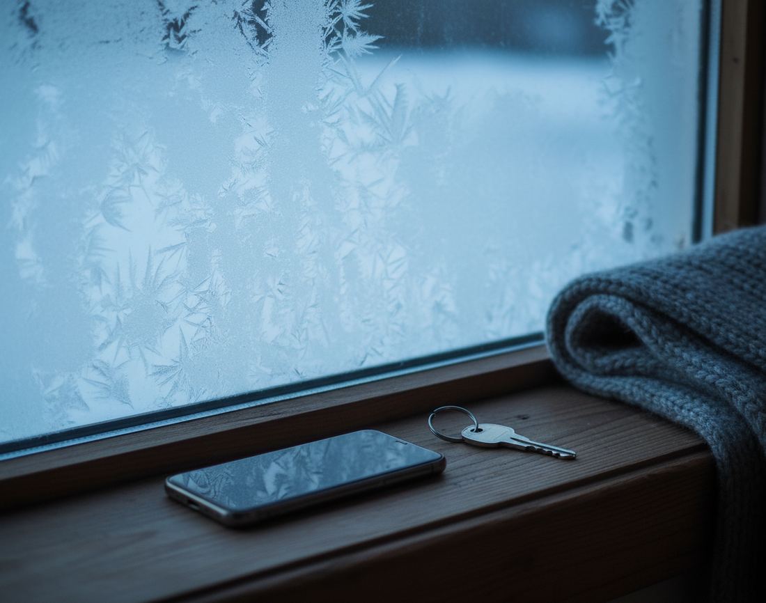 A phone and a single house key on a wooden windowsill beside a folded wool scarf, with frost patterns covering the window glass