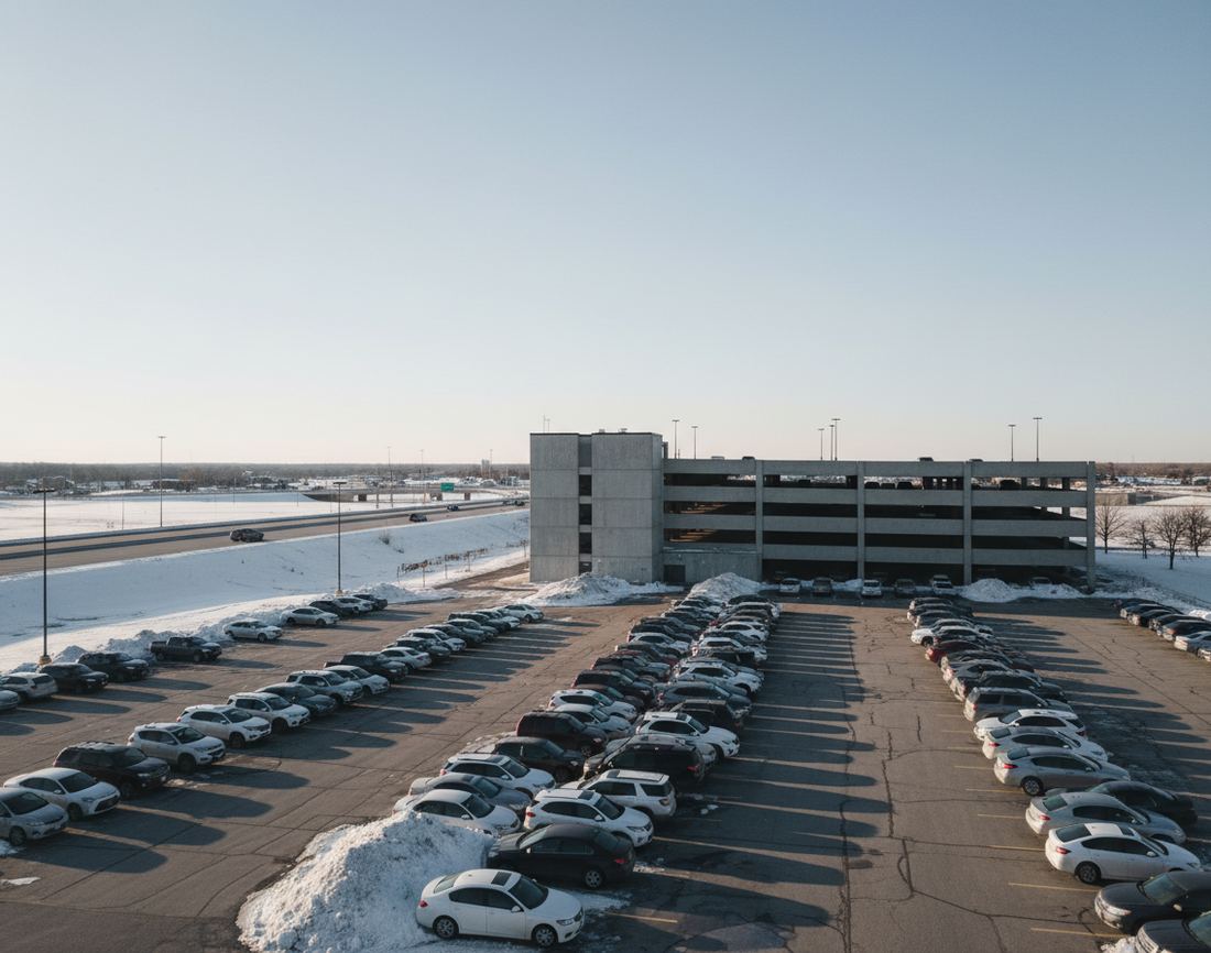 An open parking lot with plowed snow piles beside a five-level concrete garage, a freeway and flat snowy land behind on a clear winter afternoon