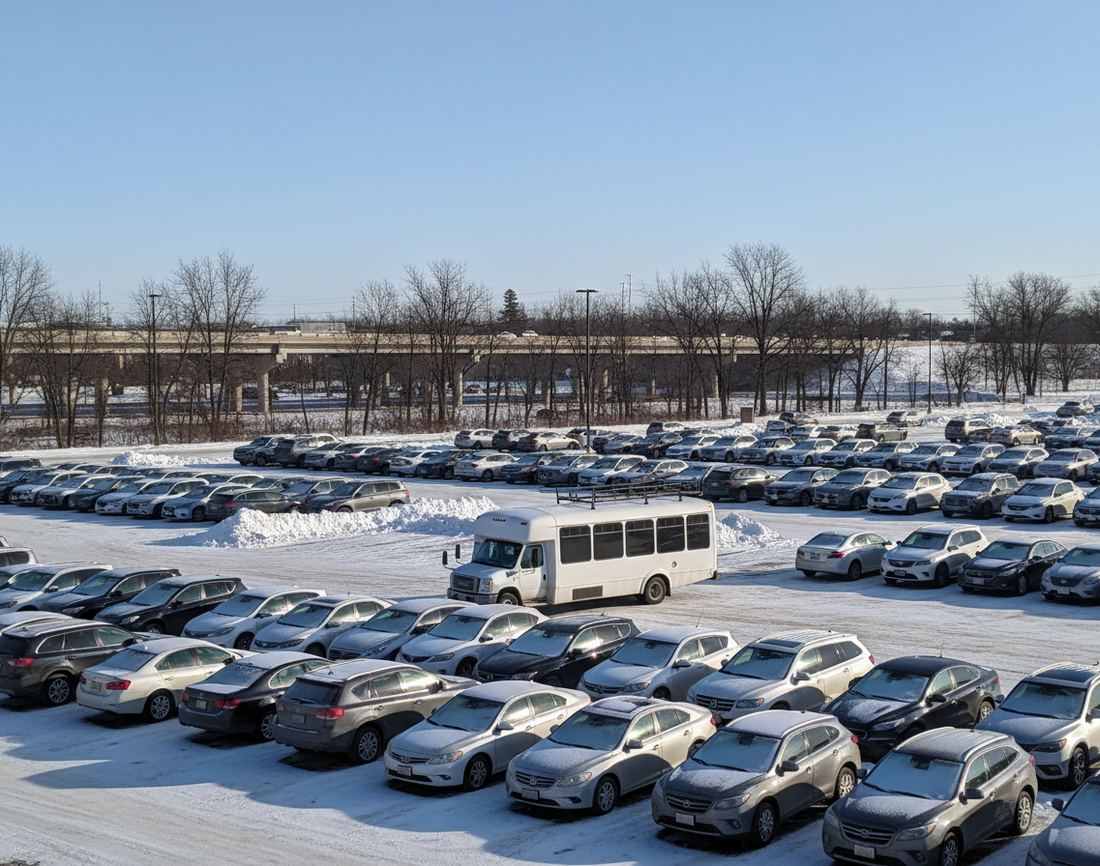 A white shuttle bus with a roof rack stopped between rows of snow-dusted cars in a wide open lot, bare trees and a highway overpass behind