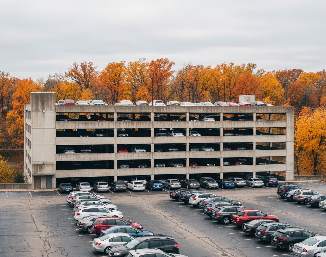 A four-level concrete parking ramp with cars on every deck and an open lot in front, backed by orange and gold autumn woods above a river