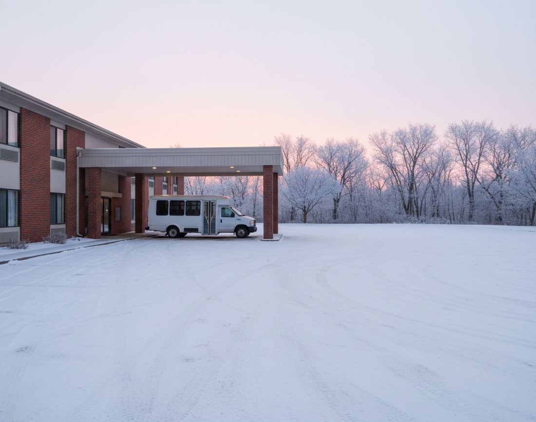 A red brick hotel's drive-through canopy at pink winter dawn, a small white shuttle bus parked side-on beneath it and an empty snow-covered lot in front