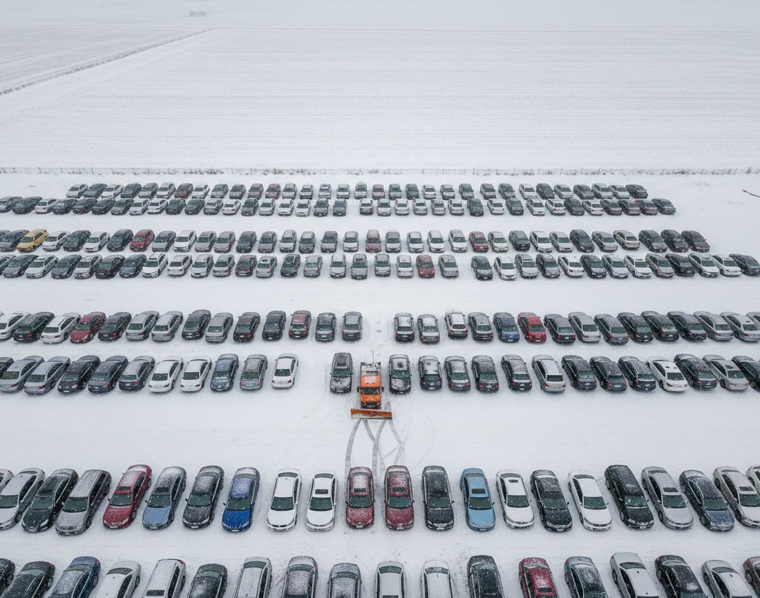 A completely full open-air lot seen from above in falling snow, with a pickup clearing the end of one aisle with its plow blade