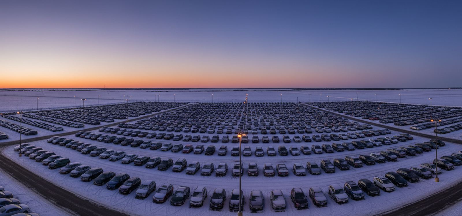 A very large open lot seen from above at twilight, long curved rows of snow-dusted cars and lamp posts reaching toward an orange horizon