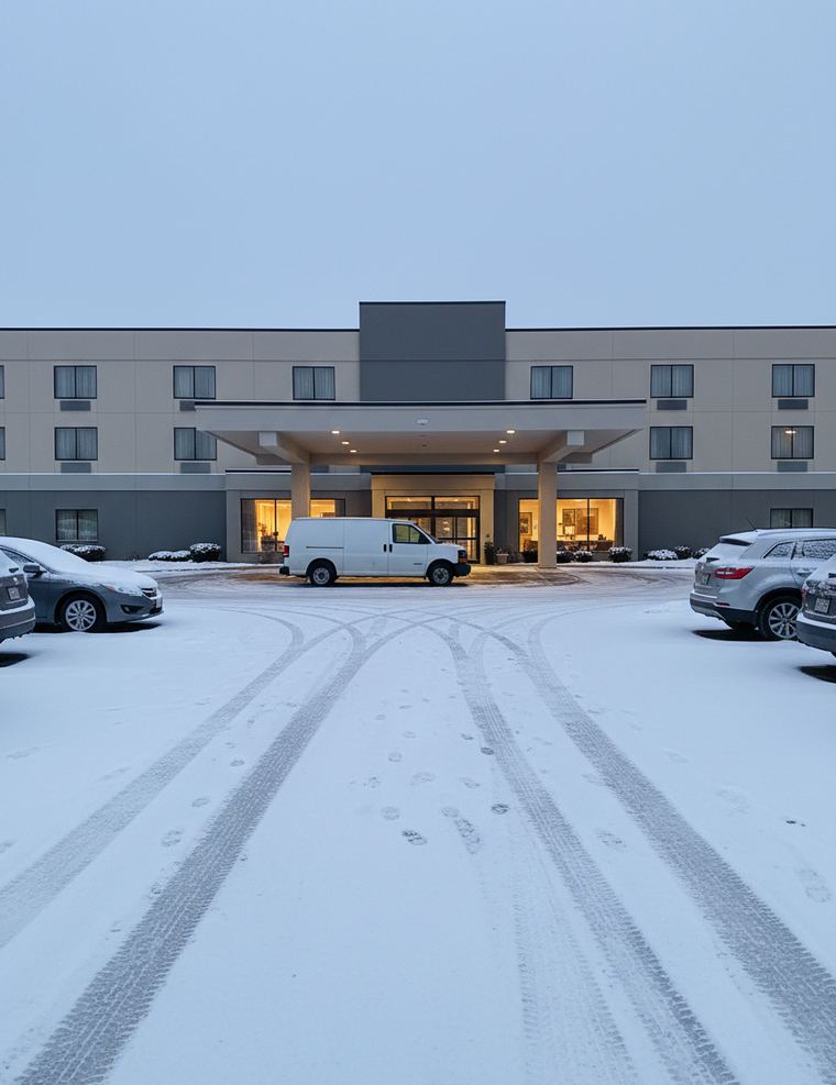 A three-story hotel with a lit entrance canopy on a snowy evening, a white van parked at the door and fresh tire tracks across the lot