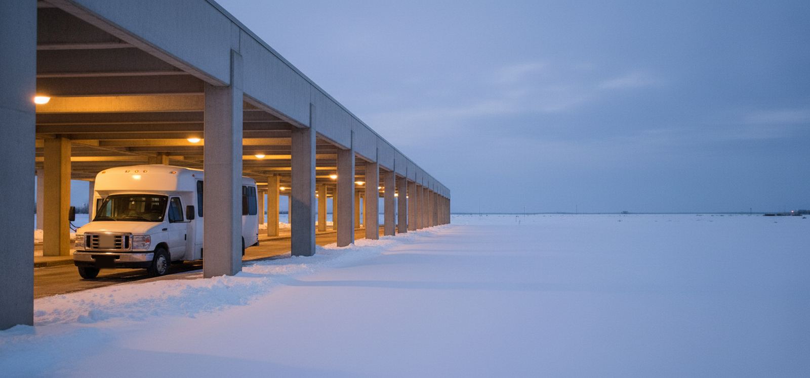 A white shuttle bus waiting under the lit ground level of a long concrete parking structure at dusk, with snow piled along its open side